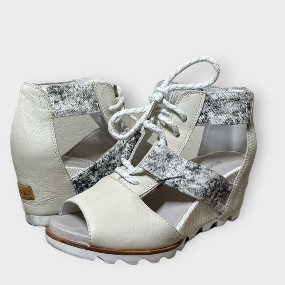 Sorel Joanie Ivory Lace Up Peep Toe Wedge Sandal - Size 8 - Picture 2 of 5
